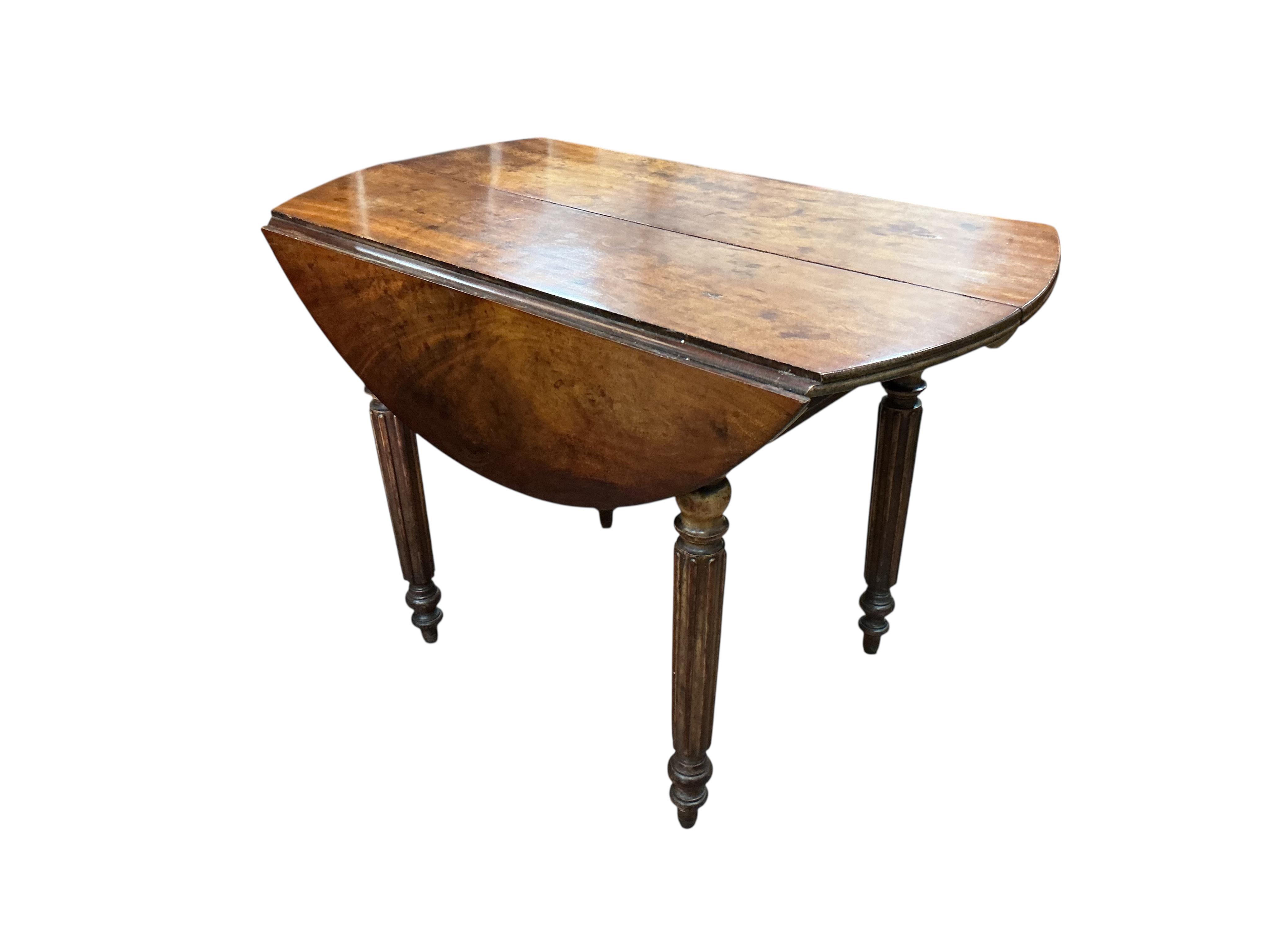 A 19th century French mahogany drop leaf extending dining table, 152cm extended, one spare leaf, depth 96cm, height 66cm